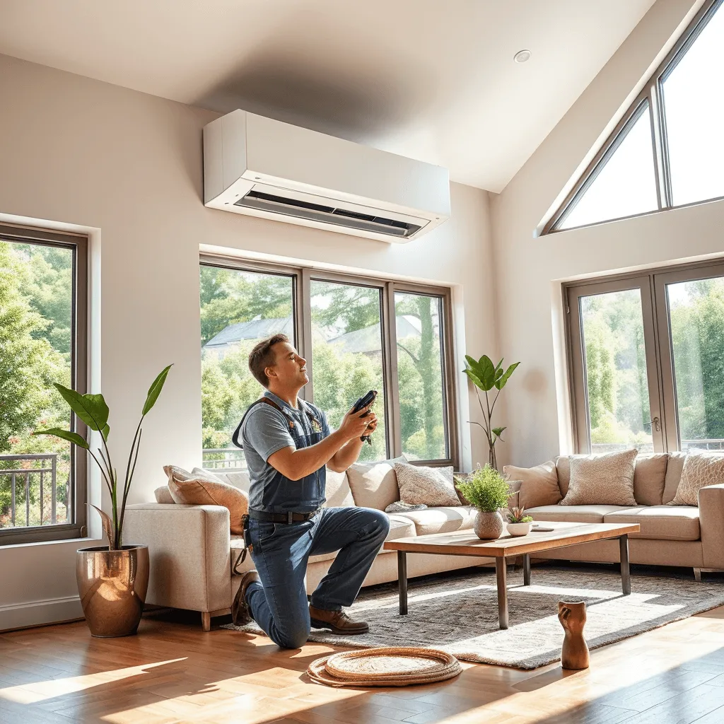 Technician servicing air conditioner in modern living room.
