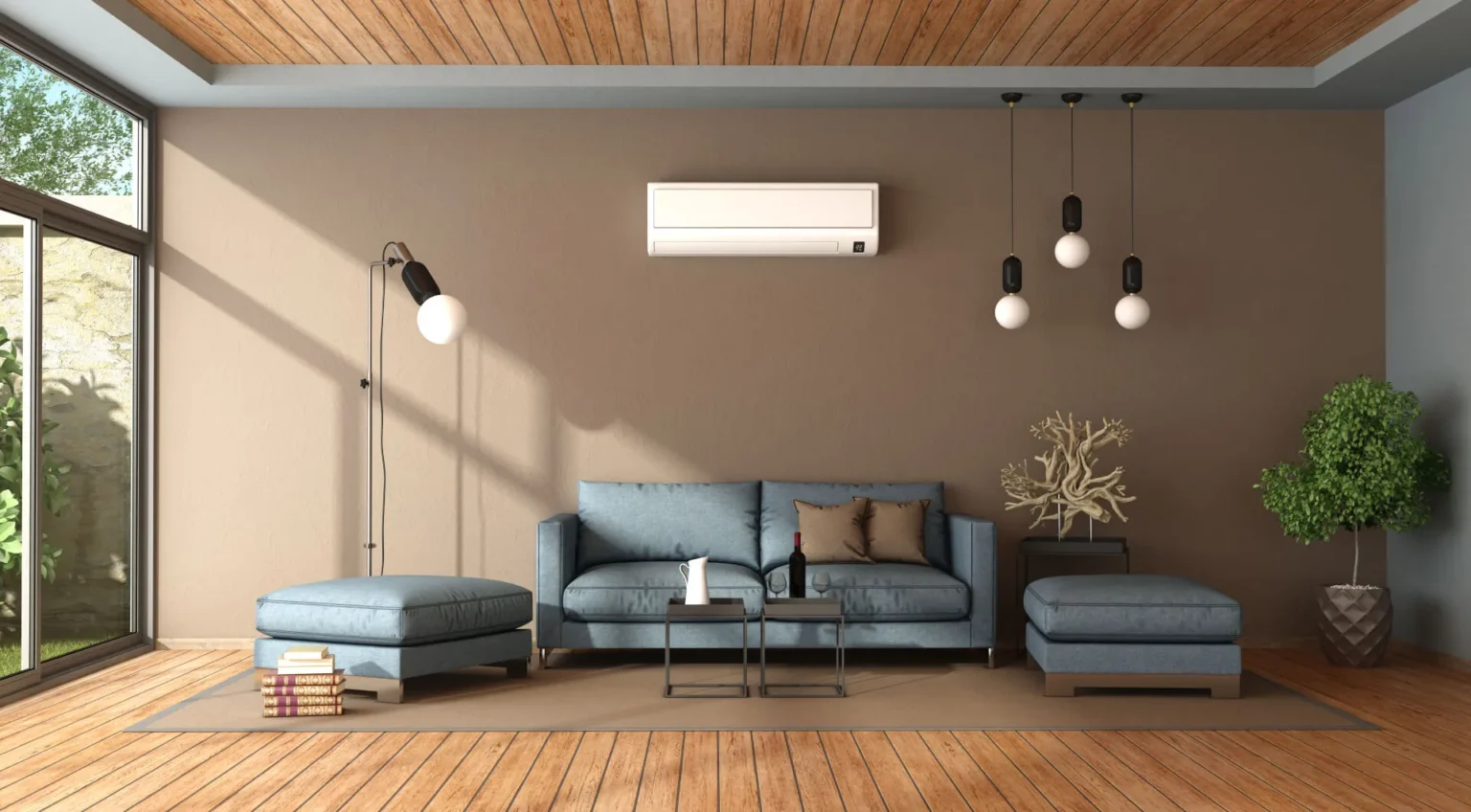Modern living room with blue sofa and air conditioner.