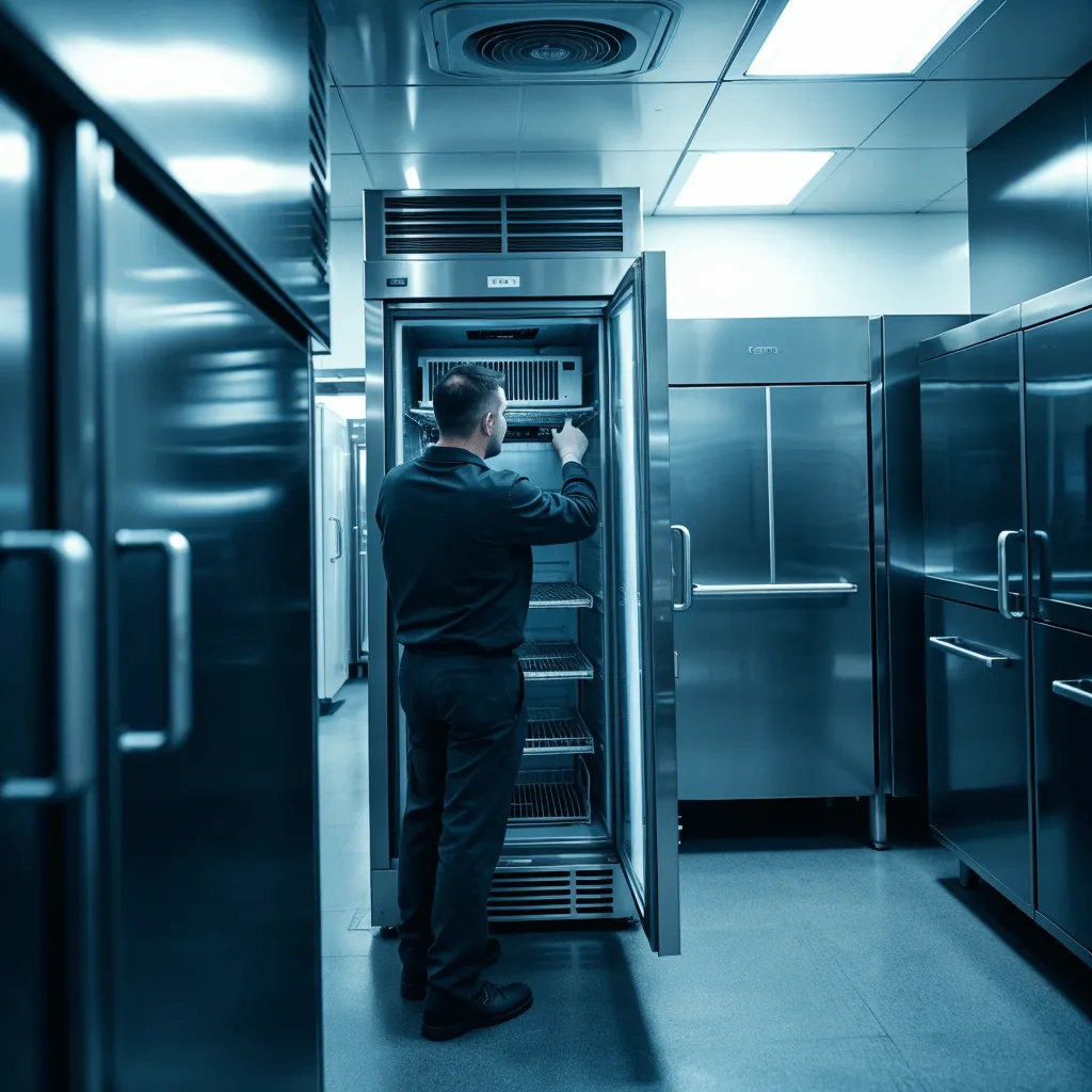 Person inspecting commercial refrigerator in kitchen